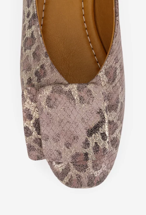 Balerini dama din piele maro cu detalii aurii sidefate