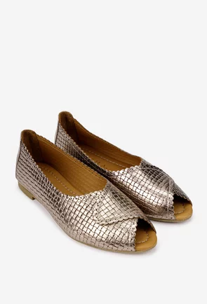 Balerini dama din piele maro sidefata cu model