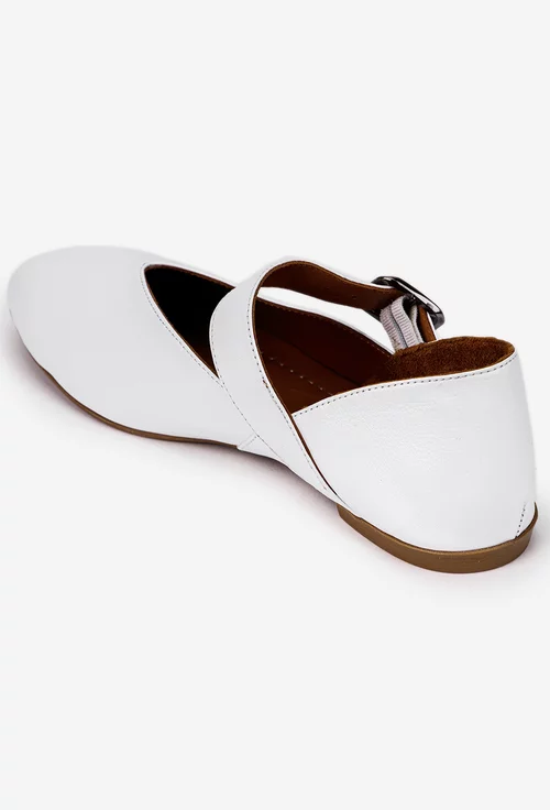 Balerini dama din piele naturala alba cu bareta