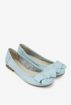 Balerini dama din piele naturala bleu cu funda