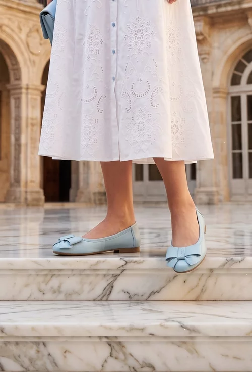 Balerini dama din piele naturala bleu cu funda picture - 4