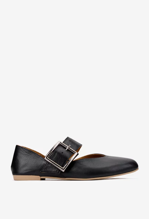 Balerini dama din piele naturala neagra cu bareta