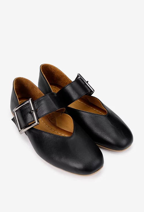 Balerini dama din piele naturala neagra cu bareta