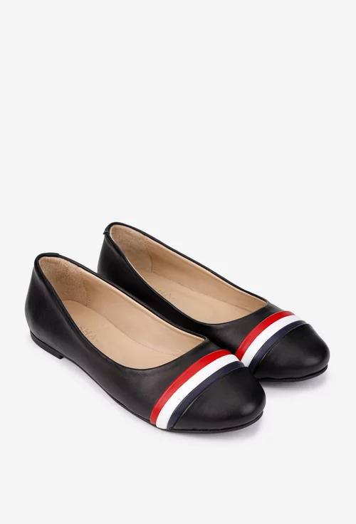 Balerini dama din piele naturala neagra cu detalii colorate