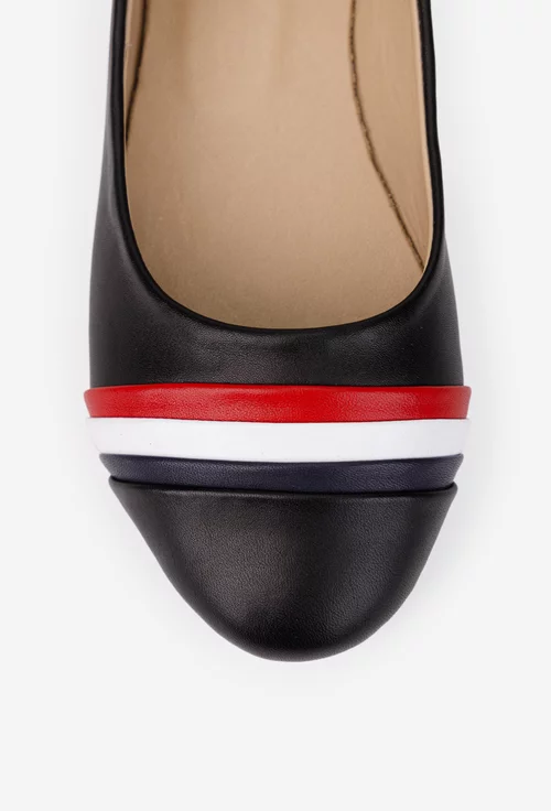 Balerini dama din piele naturala neagra cu detalii colorate