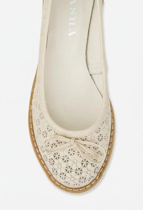 Balerini dama din piele perforata bej deschis cu funda