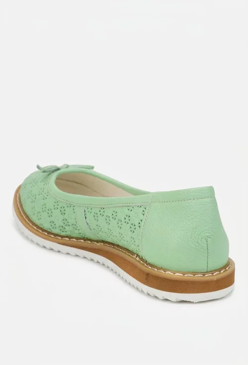 Balerini dama din piele perforata verde cu funda