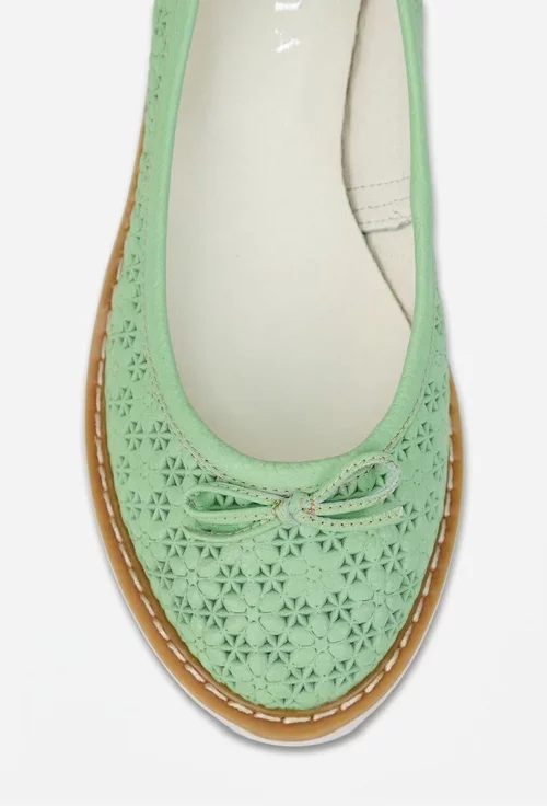Balerini dama din piele perforata verde cu funda
