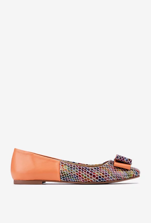 Balerini dama din piele portocalie si multicolora cu funda