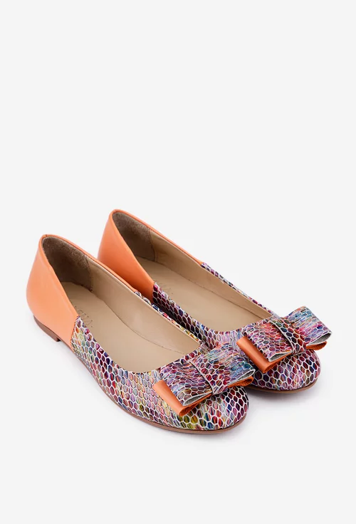 Balerini dama din piele portocalie si multicolora cu funda