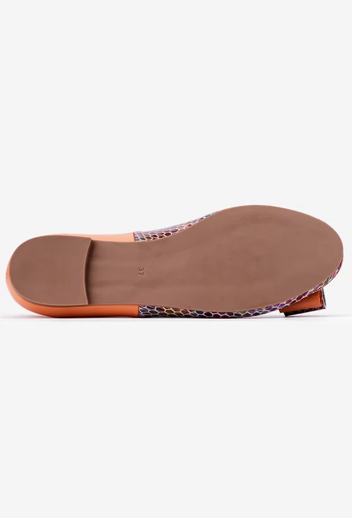 Balerini dama din piele portocalie si multicolora cu funda