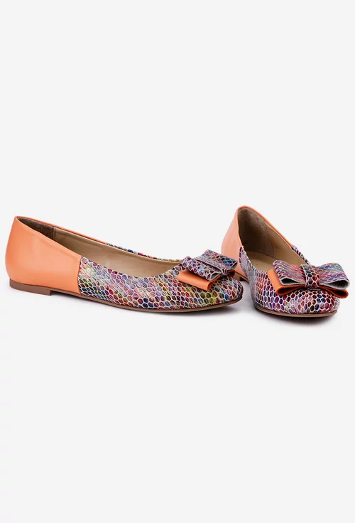 Balerini dama din piele portocalie si multicolora cu funda