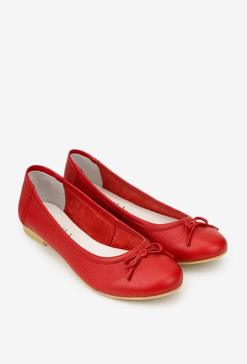 Balerini dama din piele texturata rosie cu funda