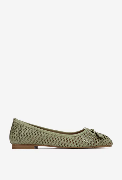 Balerini dama din piele verde cu model perforat si funda