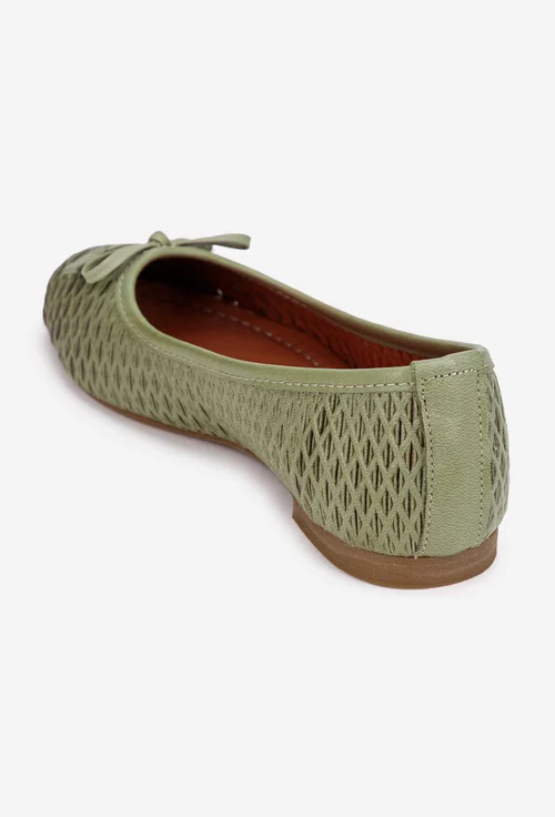 Balerini dama din piele verde cu model perforat si funda