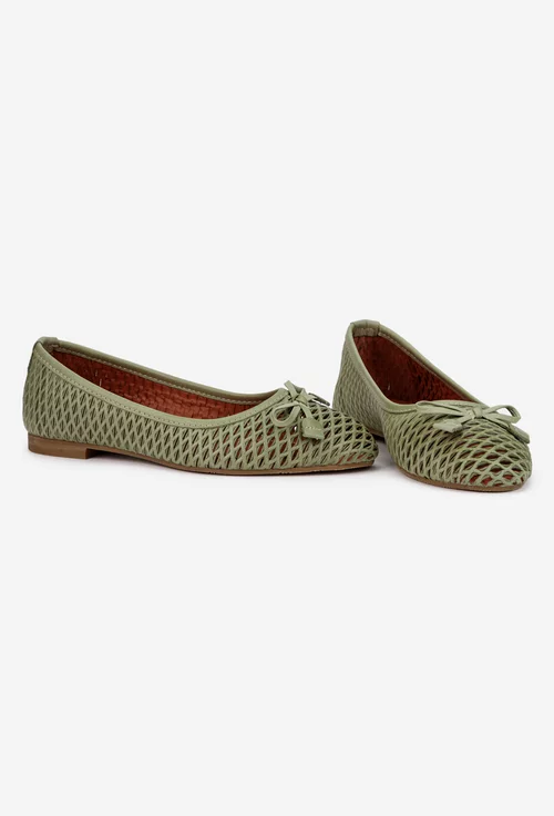 Balerini dama din piele verde cu model perforat si funda