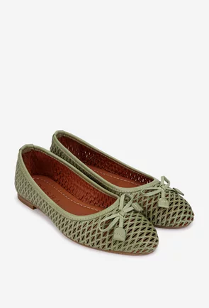 Balerini dama din piele verde cu model perforat si funda