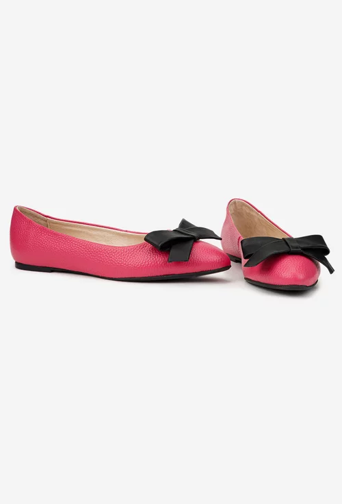 Balerini dama fuchsia din piele texturata cu funda neagra
