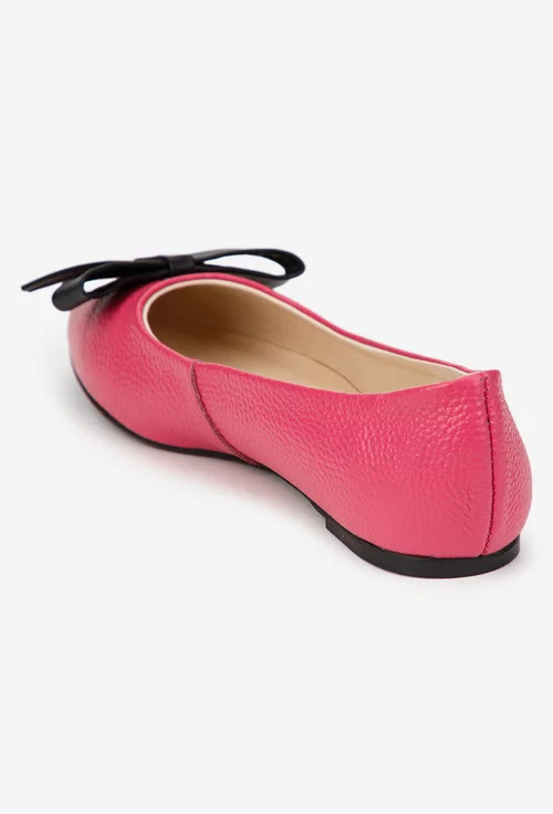 Balerini dama fuchsia din piele texturata cu funda neagra