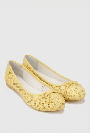 Balerini dama galbeni din piele cu model si funda