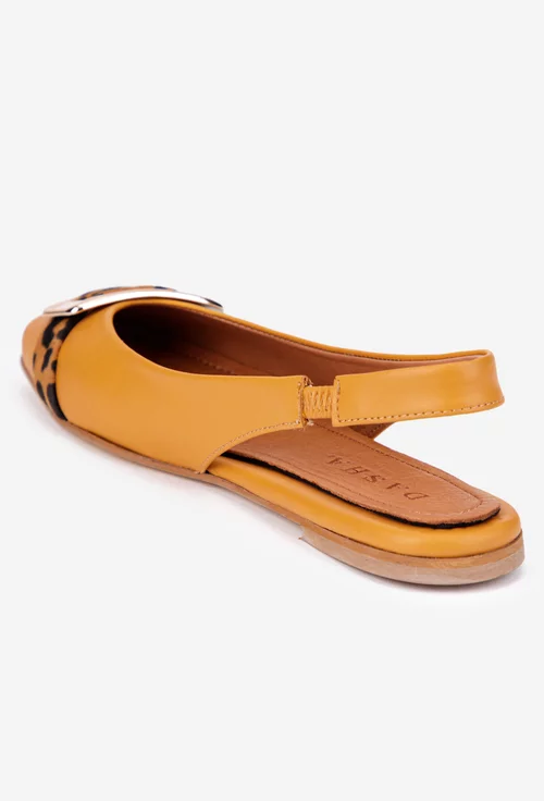 Balerini dama galbeni din piele cu ornament auriu