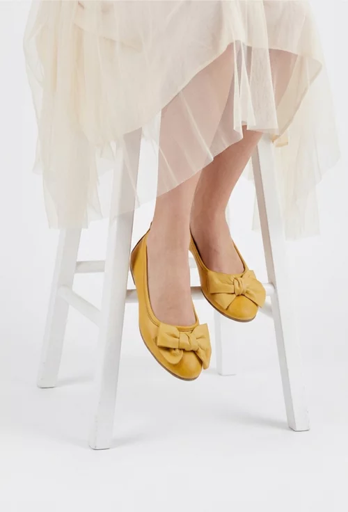 Balerini dama galbeni din piele naturala cu funda