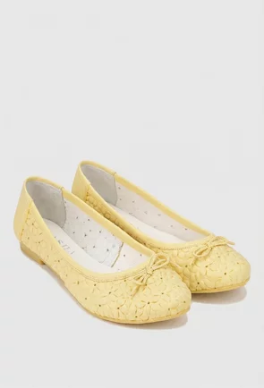 Balerini dama galbeni din piele naturala cu model si funda