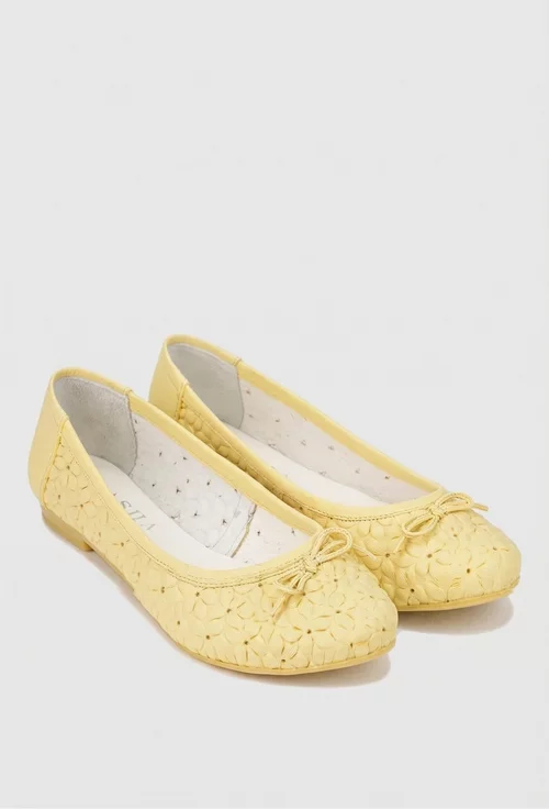 Balerini dama galbeni din piele naturala cu model si funda