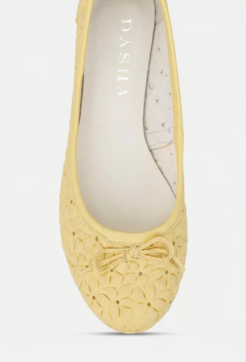 Balerini dama galbeni din piele naturala cu model si funda