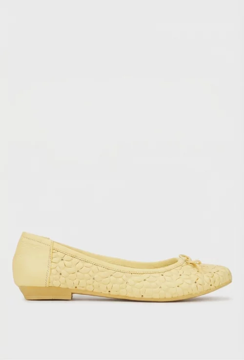 Balerini dama galbeni din piele naturala cu model si funda