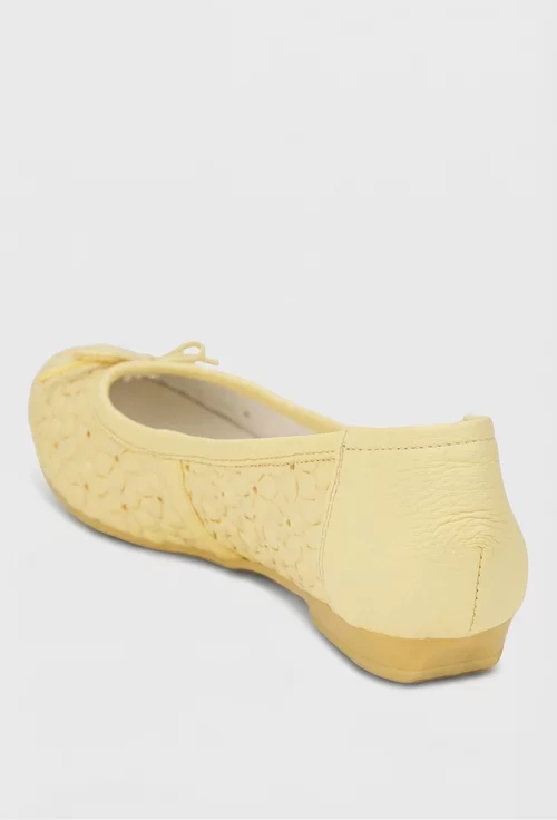 Balerini dama galbeni din piele naturala cu model si funda