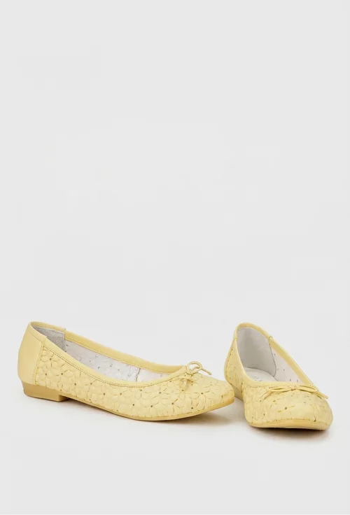 Balerini dama galbeni din piele naturala cu model si funda