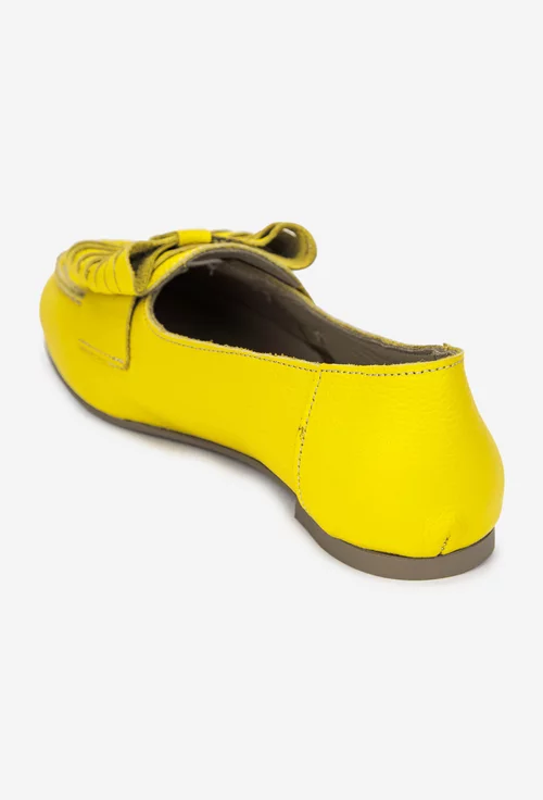 Balerini dama galbeni din piele texturata cu accesoriu funda