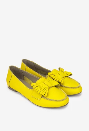 Balerini dama galbeni din piele texturata cu accesoriu funda