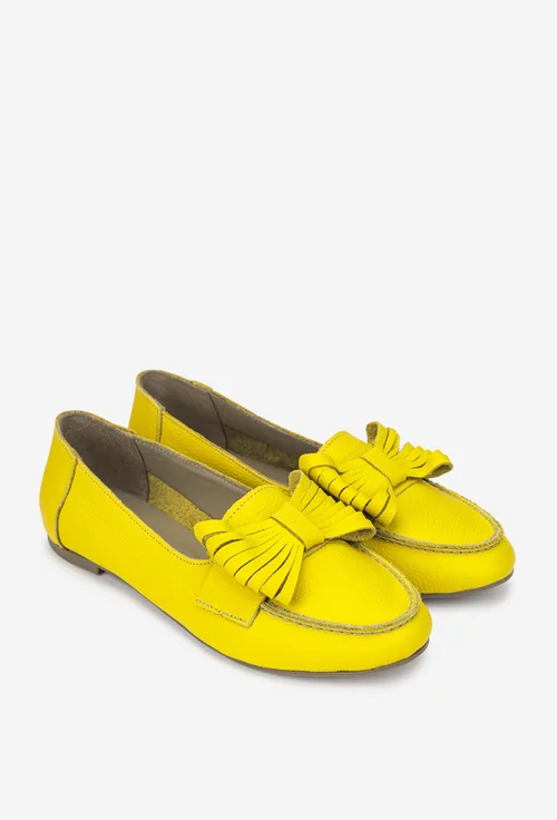 Balerini dama galbeni din piele texturata cu accesoriu funda