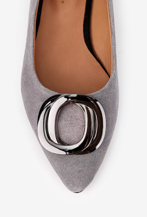 Balerini dama gri din piele intoarsa cu ornament