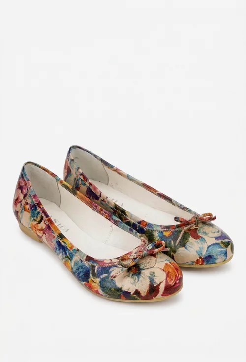 Balerini dama multicolori din piele cu model floral si funda