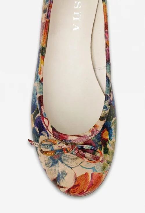 Balerini dama multicolori din piele cu model floral si funda