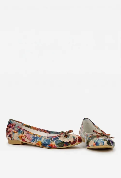 Balerini dama multicolori din piele cu model floral si funda