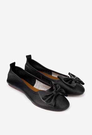 Balerini dama negre din piele perforata cu funda