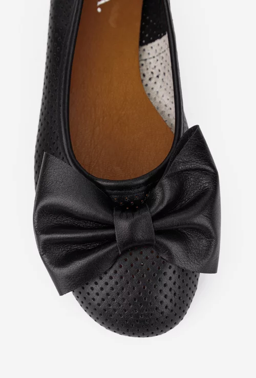 Balerini dama negre din piele perforata cu funda