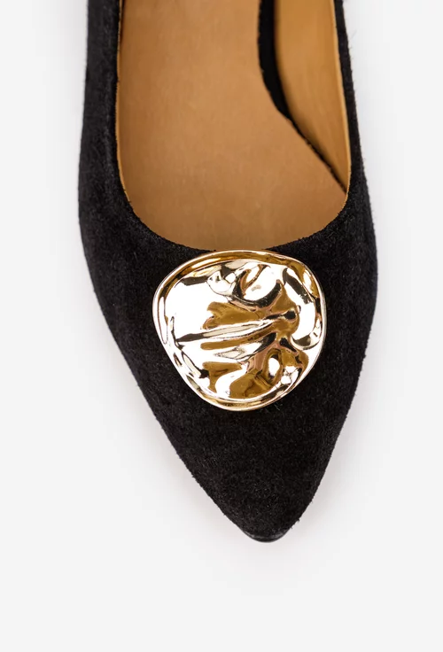 Balerini dama negri din piele intoarsa cu ornament auriu