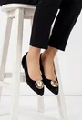 Balerini dama negri din piele intoarsa cu ornament auriu