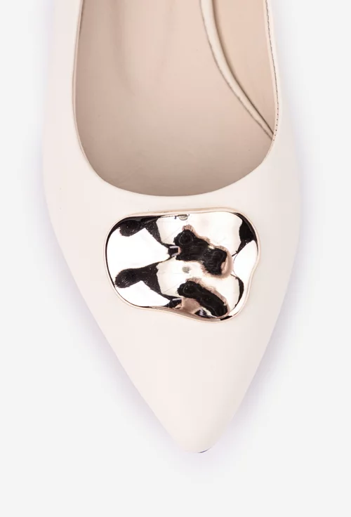 Balerini dama nude din piele naturala cu ornament auriu