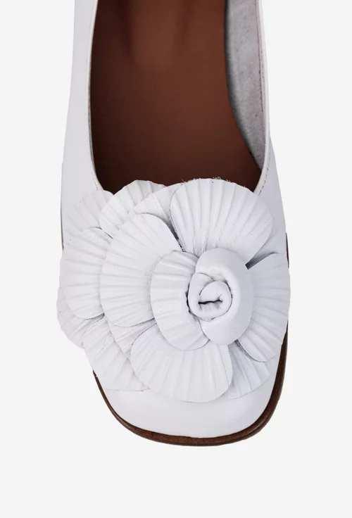 Balerini dama NUR albi din piele naturala cu funda