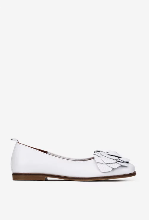 Balerini dama NUR albi din piele naturala cu funda