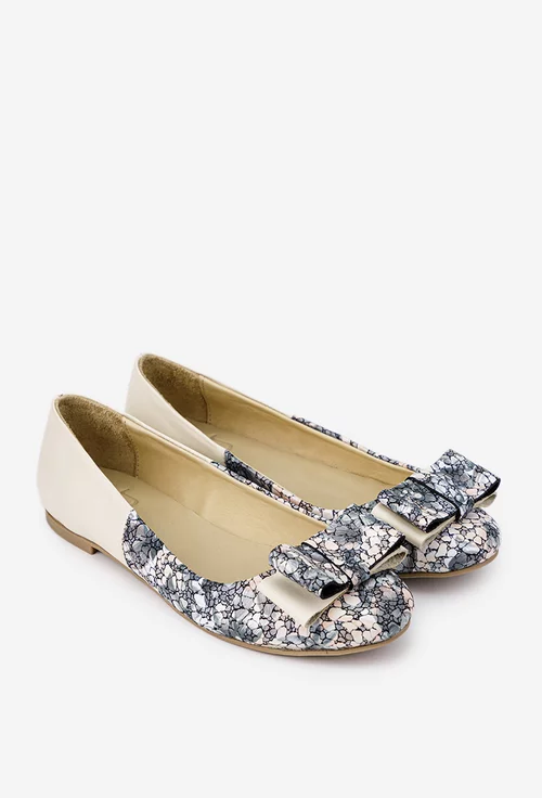 Balerini dama NUR bej cu imprimeu din piele cu funda