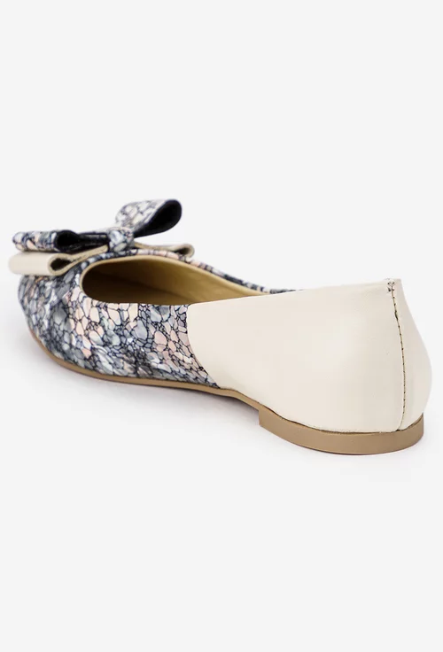 Balerini dama NUR bej cu imprimeu din piele cu funda