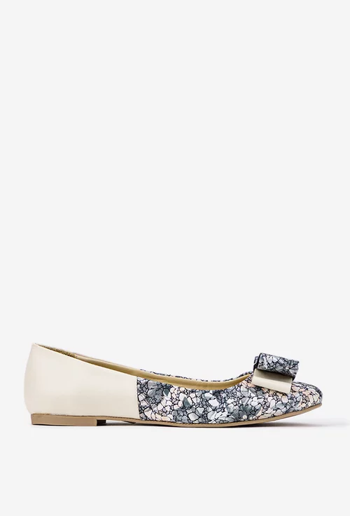 Balerini dama NUR bej cu imprimeu din piele cu funda