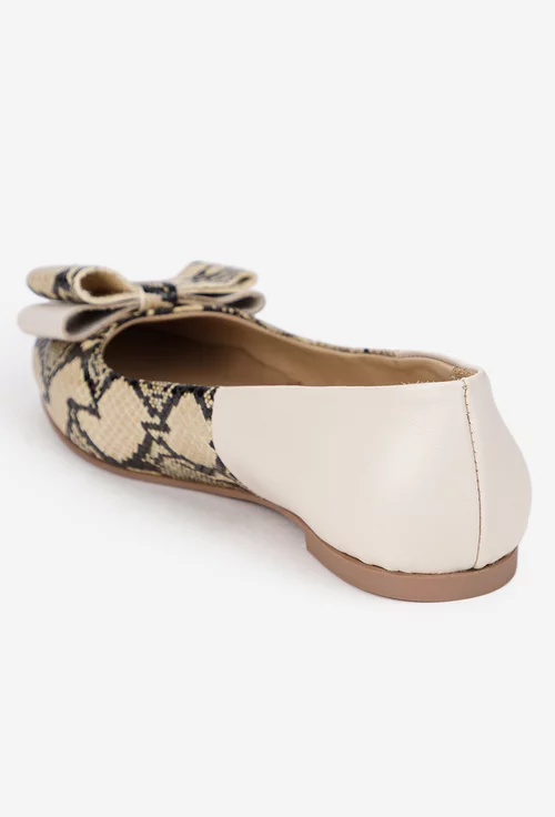 Balerini dama NUR bej din piele cu imprimeu si funda